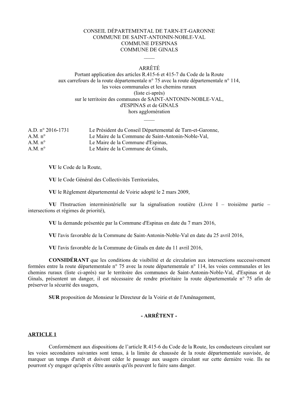 Conseil Départemental De Tarn-Et-Garonne Commune De Saint-Antonin-Noble-Val Commune D'espinas Commune De Ginals ____