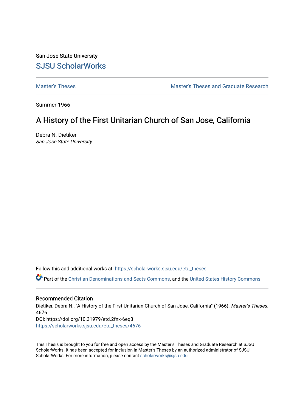 A History of the First Unitarian Church of San Jose, California