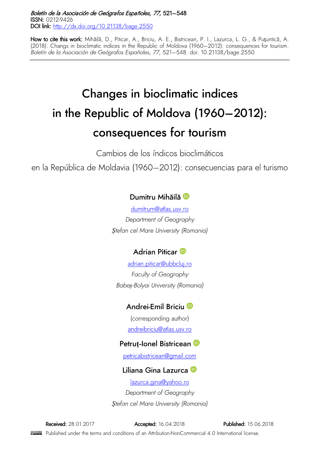 Changes in Bioclimatic Indices in the Republic of Moldova (1960–2012): Consequences for Tourism