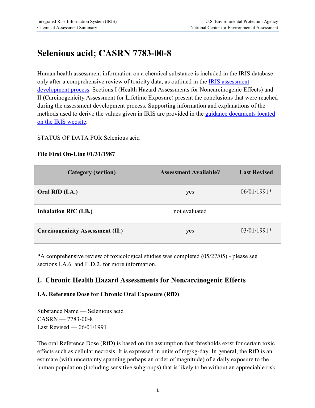 Selenious Acid; CASRN 7783-00-8