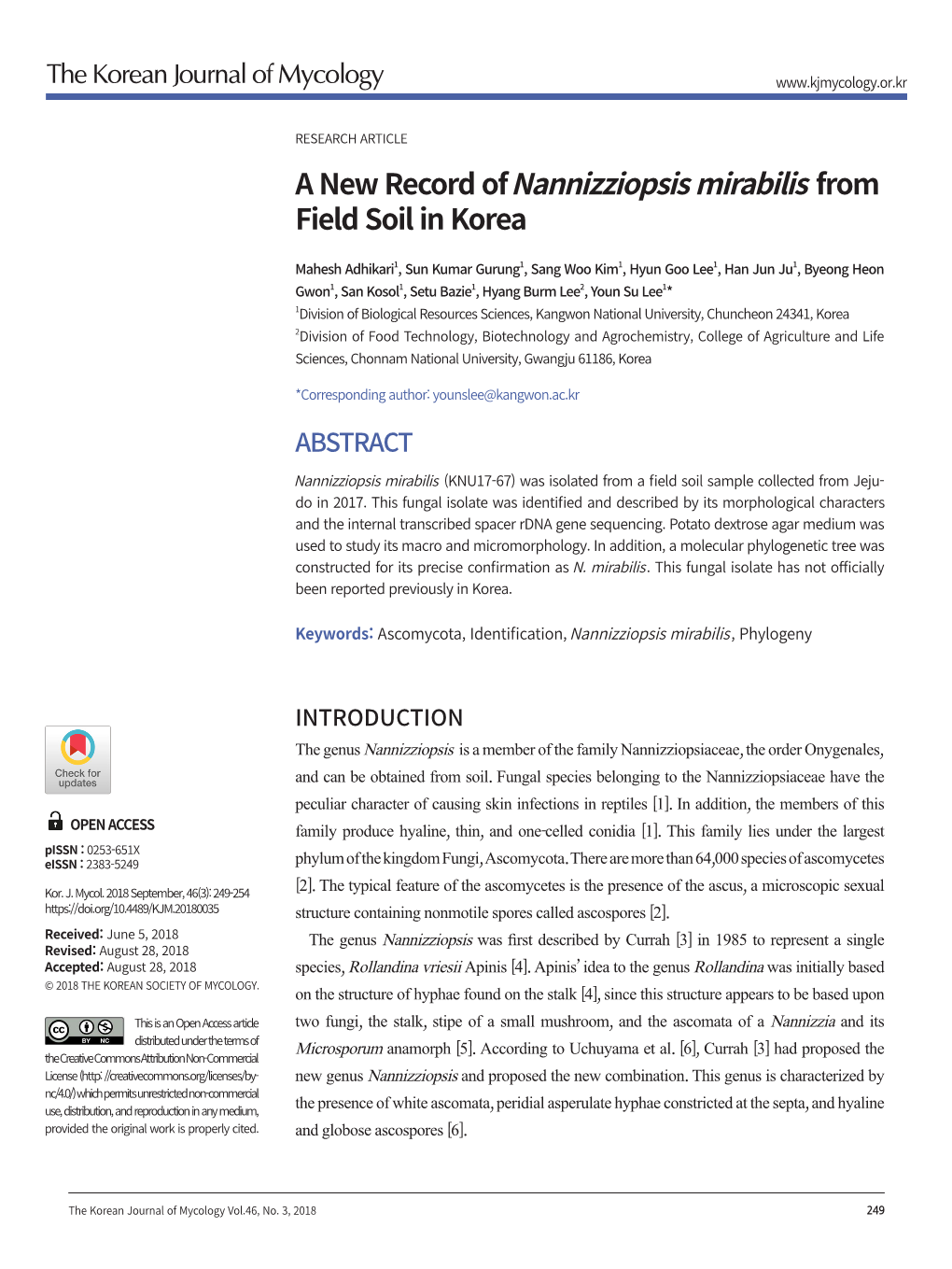 A New Record of Nannizziopsis Mirabilis from Field Soil in Korea