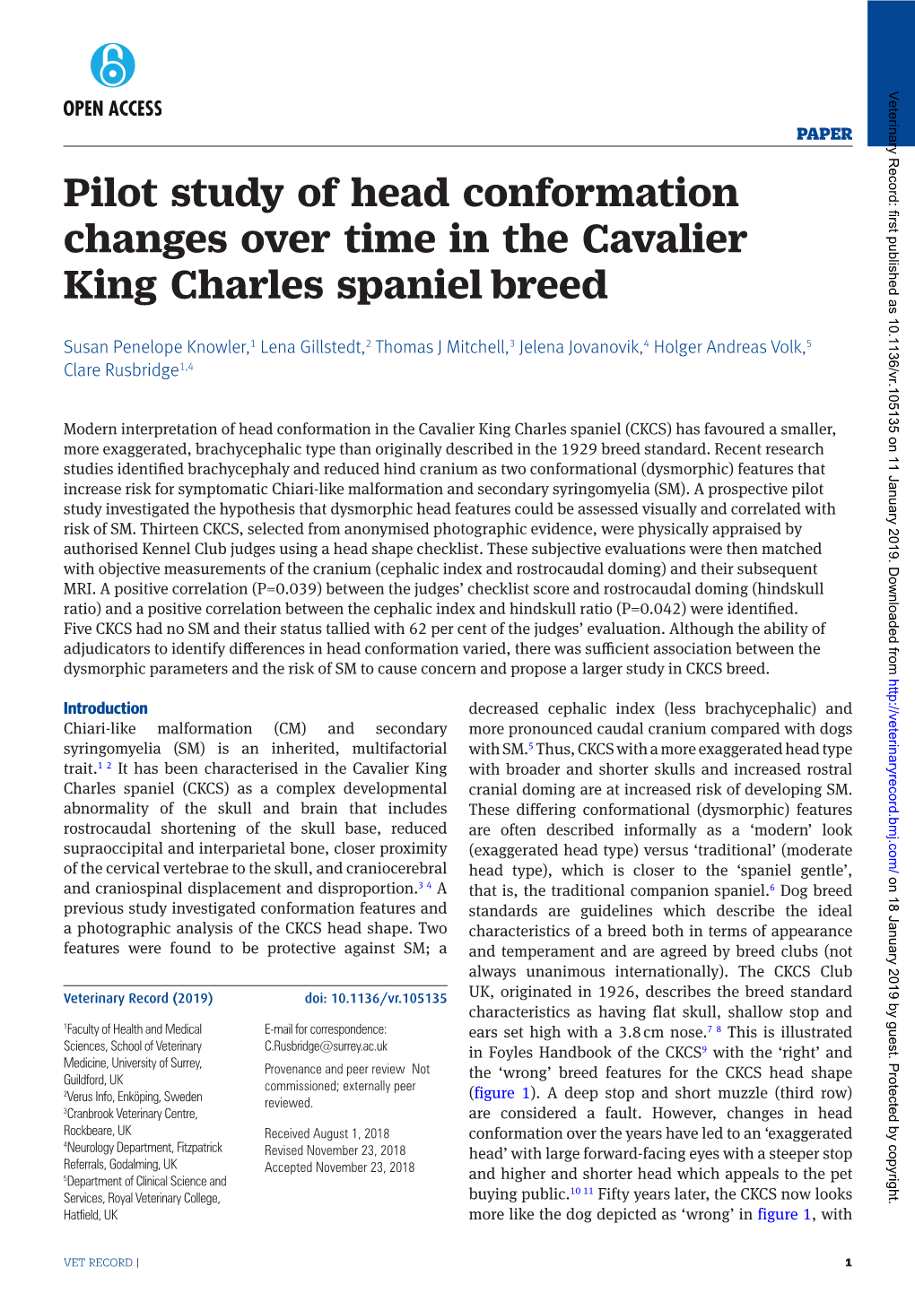 Pilot Study of Head Conformation Changes Over Time in the Cavalier King Charles Spaniel Breed