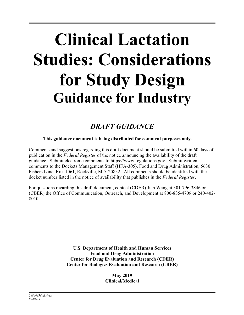 Clinical Lactation Studies: Considerations for Study Design Guidance for Industry