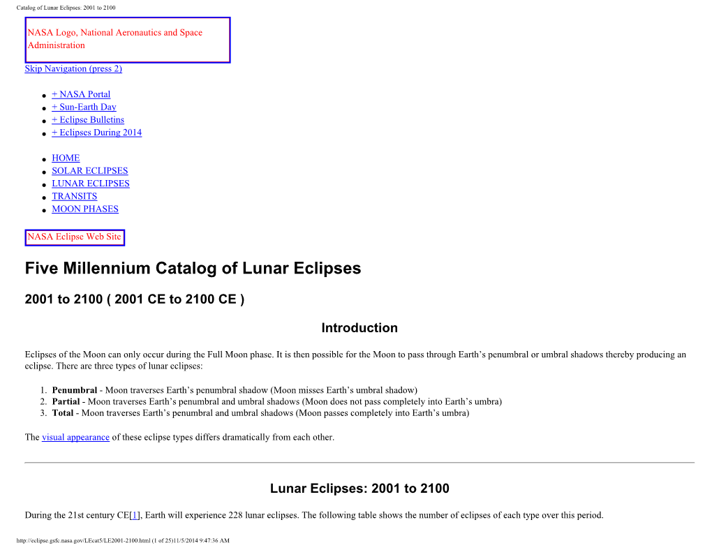 Catalog of Lunar Eclipses: 2001 to 2100