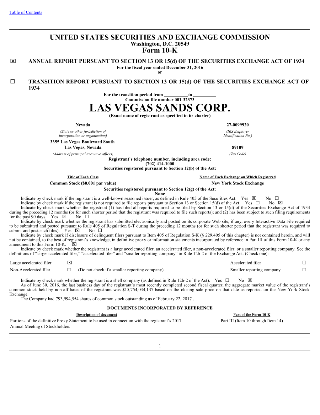 LAS VEGAS SANDS CORP. (Exact Name of Registrant As Specified in Its Charter)