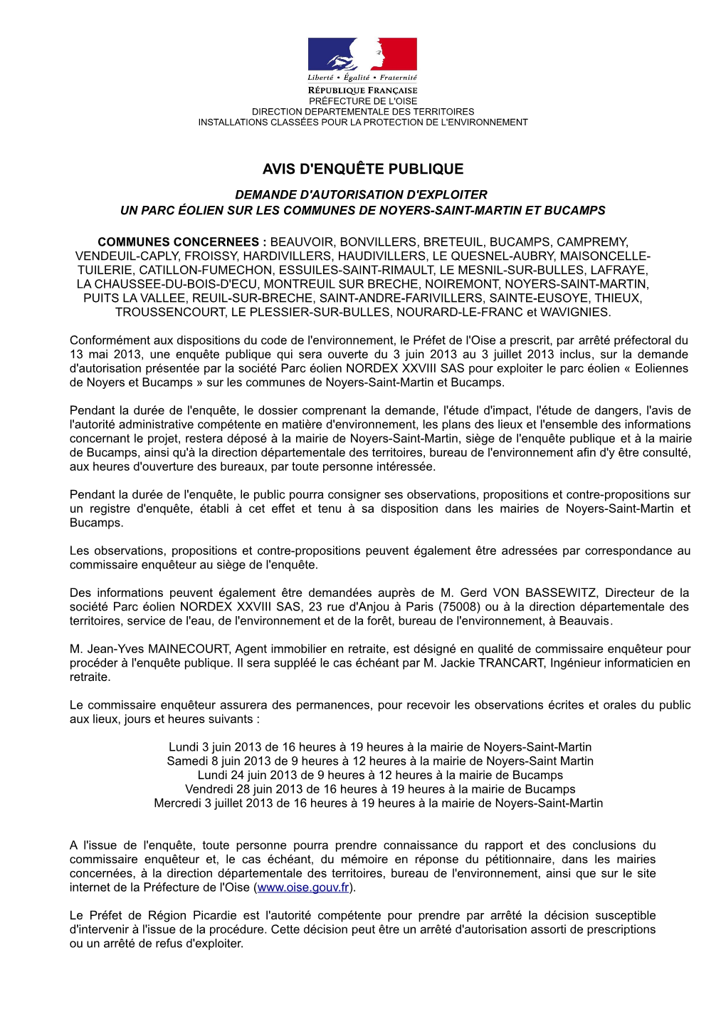 Avis D'enquête Publique Demande D'autorisation D'exploiter Un Parc Éolien Sur Les Communes De Noyers-Saint-Martin Et Bucamps