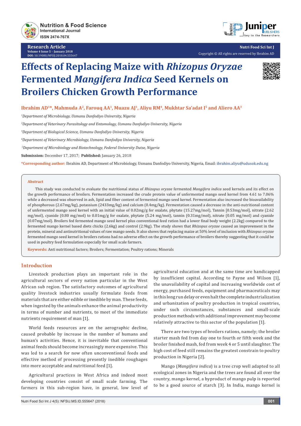 Effects of Replacing Maize with Rhizopus Oryzae Fermented Mangifera Indica Seed Kernels on Broilers Chicken Growth Performance