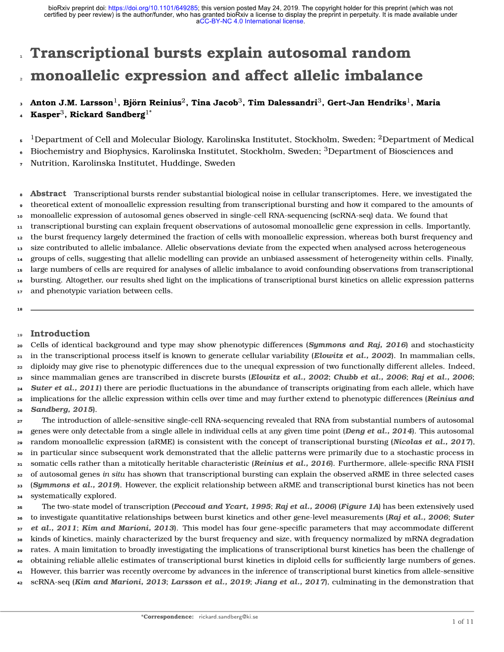 Transcriptional Bursts Explain Autosomal Random Monoallelic