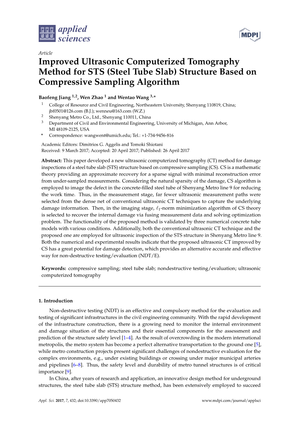 Improved Ultrasonic Computerized Tomography Method for STS (Steel Tube Slab) Structure Based on Compressive Sampling Algorithm