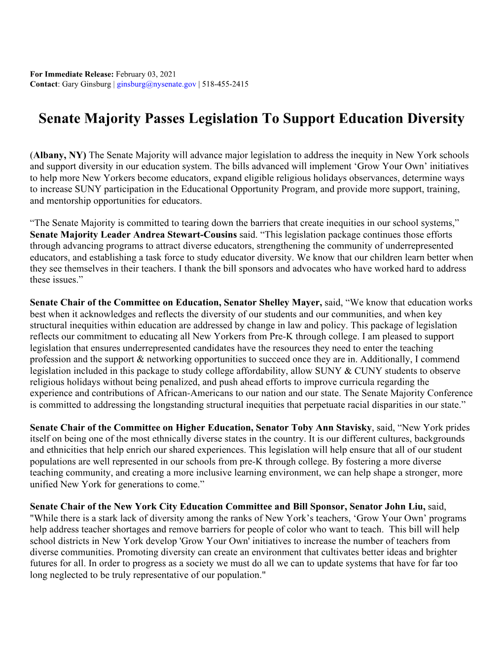 Senate Majority Passes Legislation to Support Education Diversity