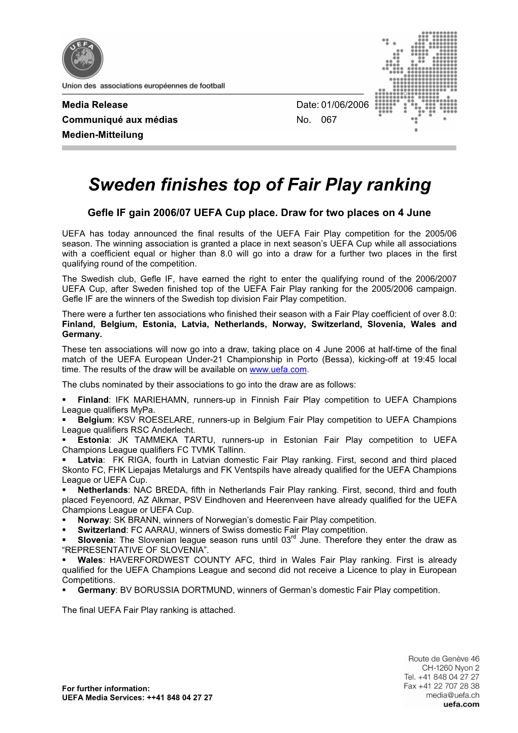 Sweden Finishes Top of Fair Play Ranking