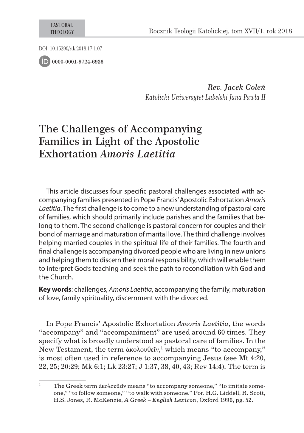 The Challenges of Accompanying Families in Light of the Apostolic Exhortation Amoris Laetitia