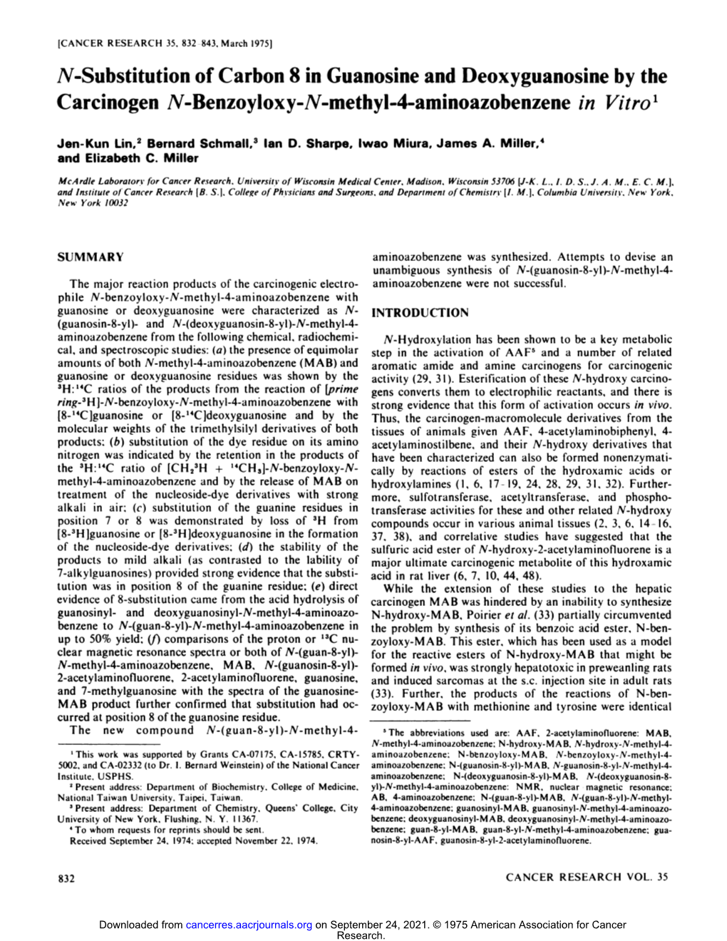 N-Substitution of Carbon 8 in Guanosine and Deoxyguanosine by the Carcinogen N-Benzoyloxy-N-Methyl-4-Aminoazobenzene in Vitro'