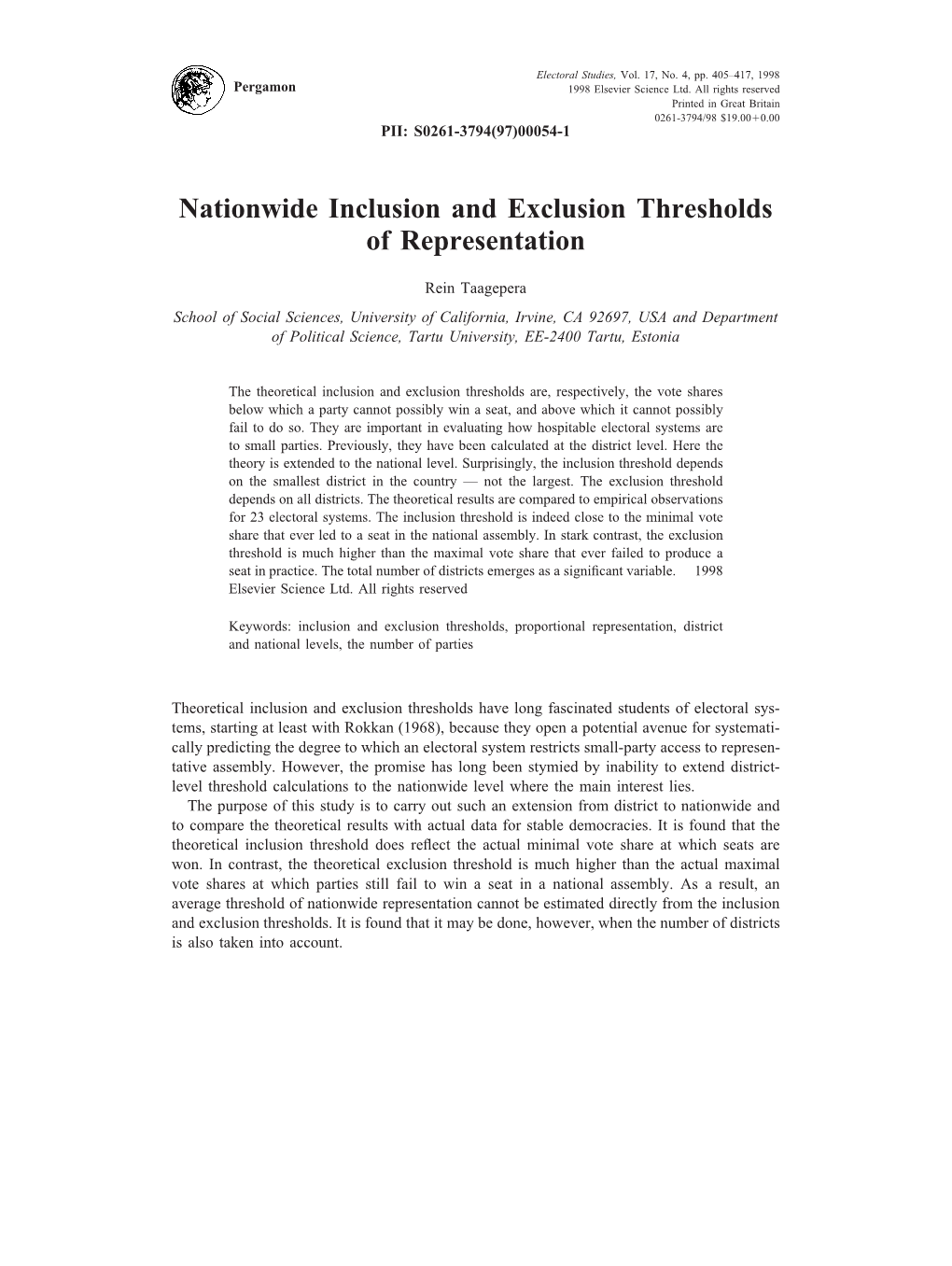 Nationwide Inclusion and Exclusion Thresholds of Representation