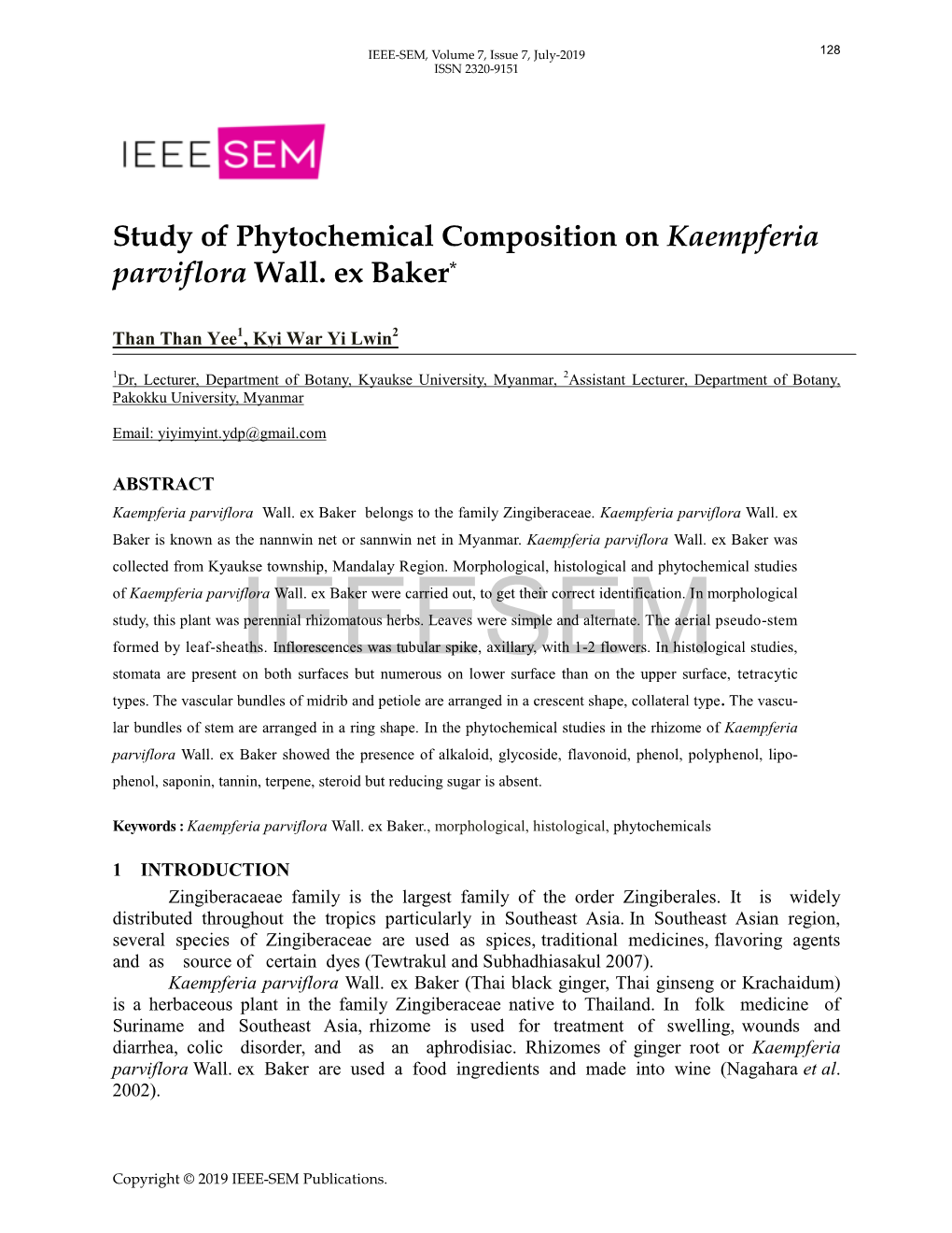 Study of Phytochemical Composition on Kaempferia Parviflora Wall. Ex Baker*