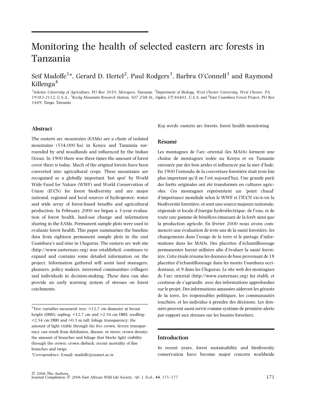 Monitoring the Health of Selected Eastern Arc Forests in Tanzania