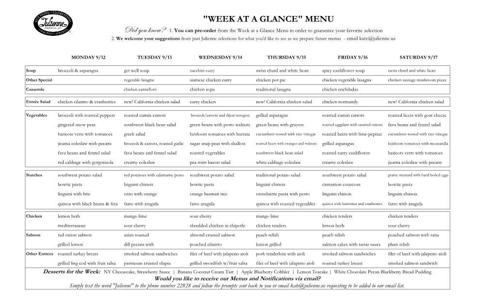 "WEEK at a GLANCE" MENU Did You Know? 1