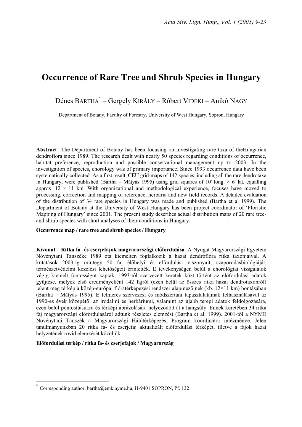 Occurrence of Rare Tree and Shrub Species in Hungary