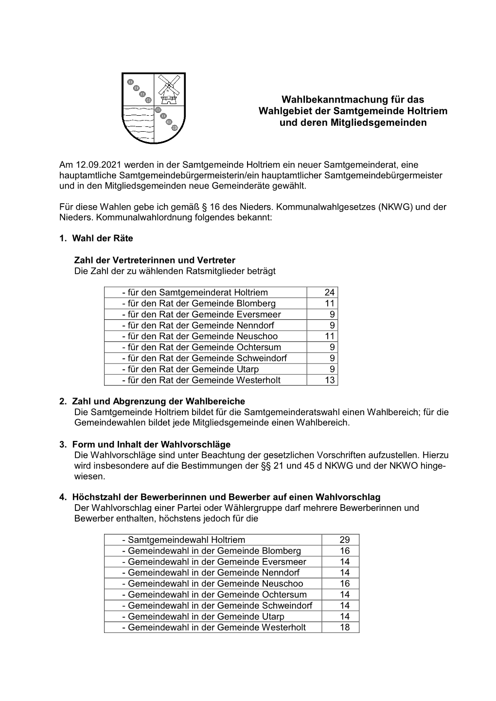 Wahlbekanntmachung Für Das Wahlgebiet Der Samtgemeinde Holtriem Und Deren Mitgliedsgemeinden