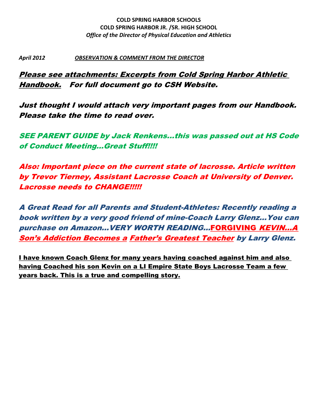 Excerpts from Cold Spring Harbor Athletic Handbook. for Full Document Go to CSH Website