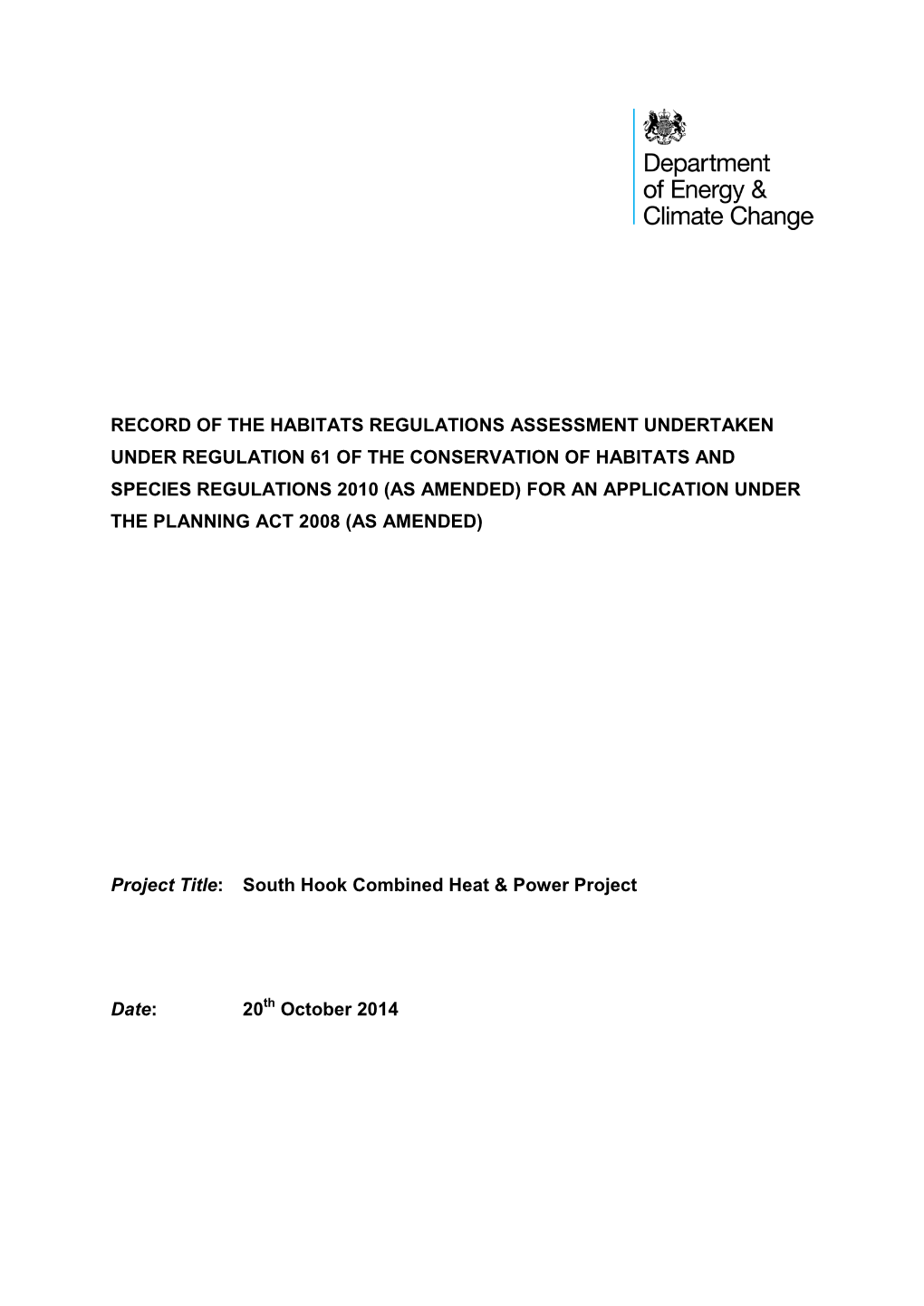 Record of the Habitats Regulations Assessment Undertaken