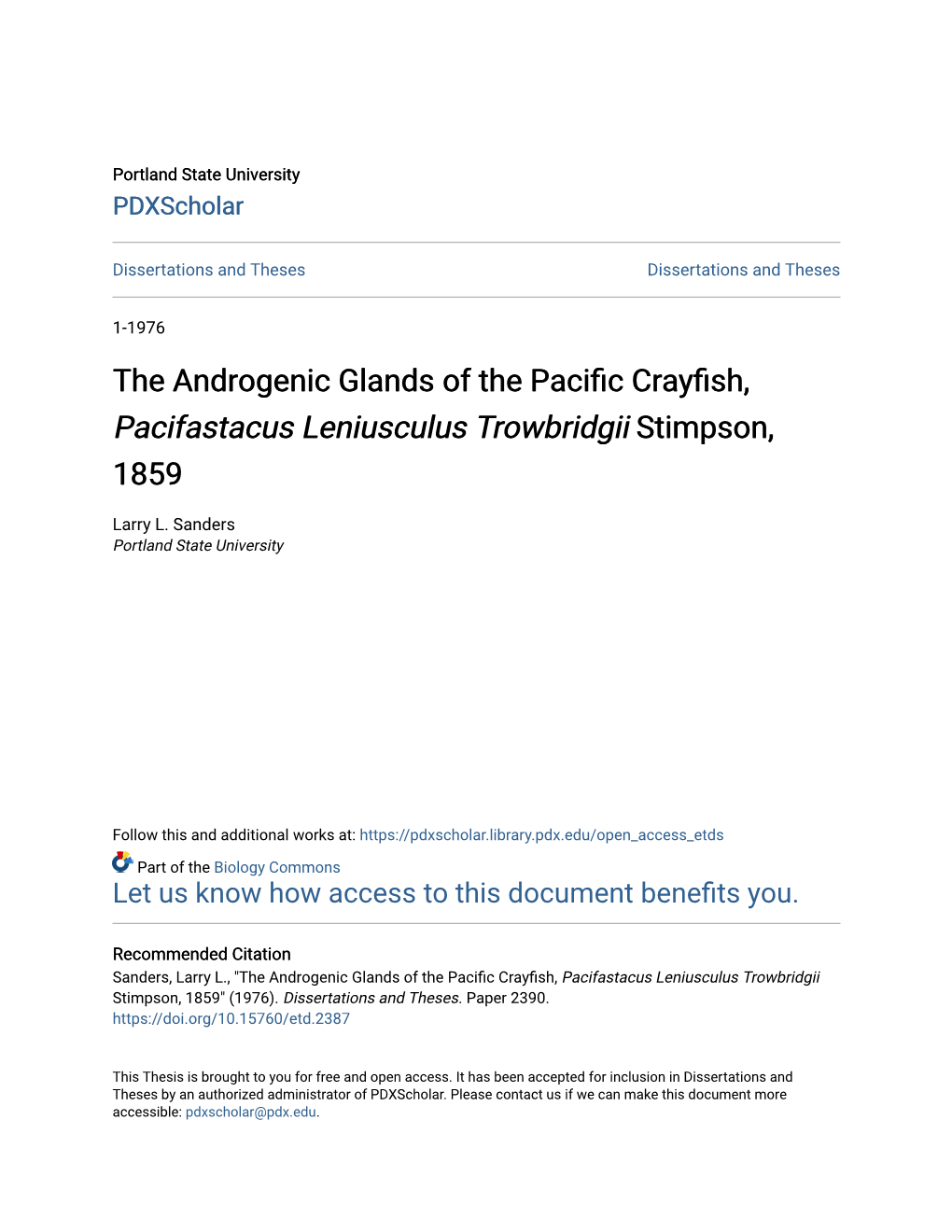 The Androgenic Glands of the Pacific Crayfish, Pacifastacus Leniusculus Trowbridgii Stimpson, 1859