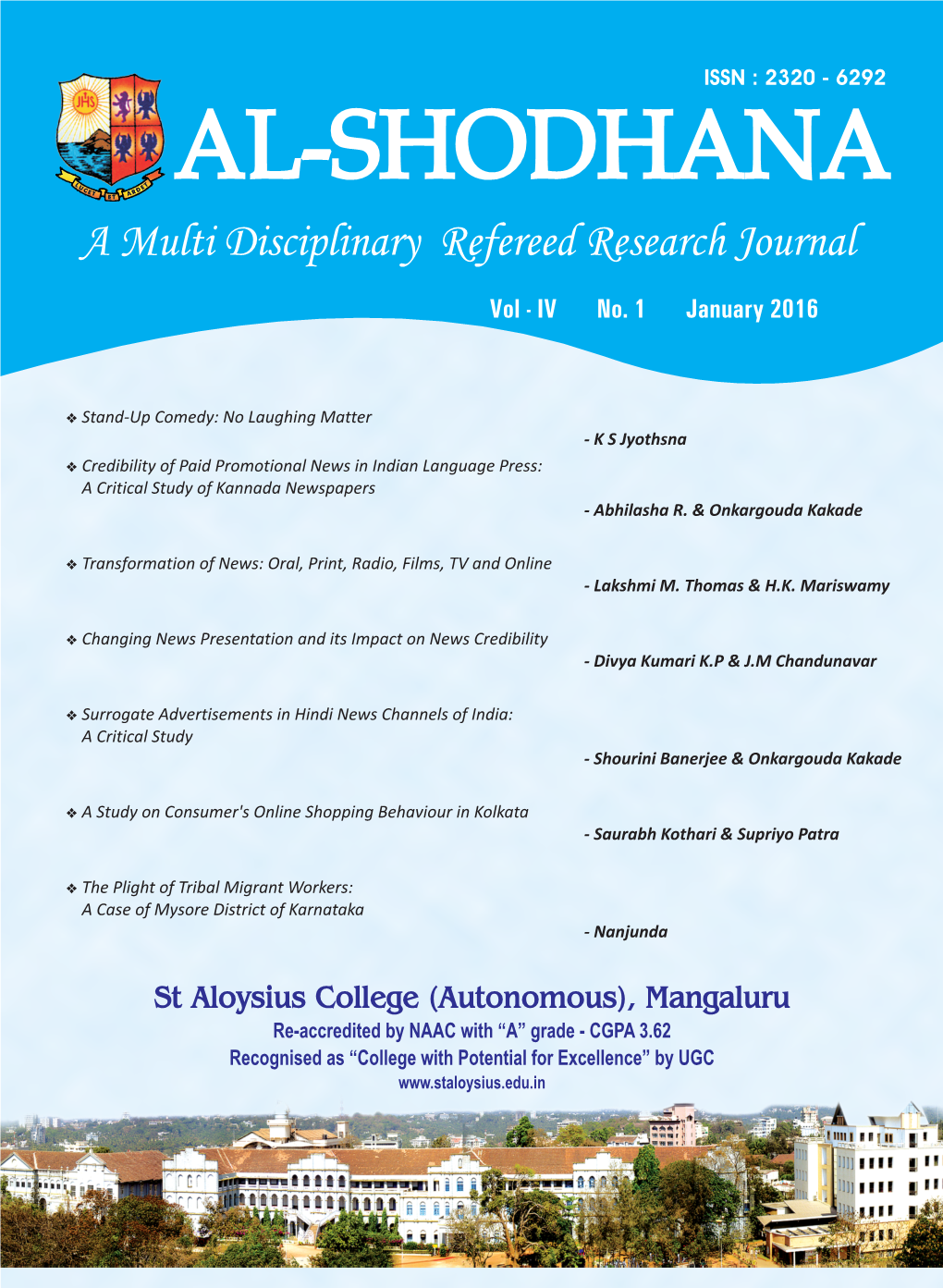 2016 AL-SHODHANA a Multi Disciplinary Refereed Research Journal ISSN : 2320 - 6292 CONTENTS