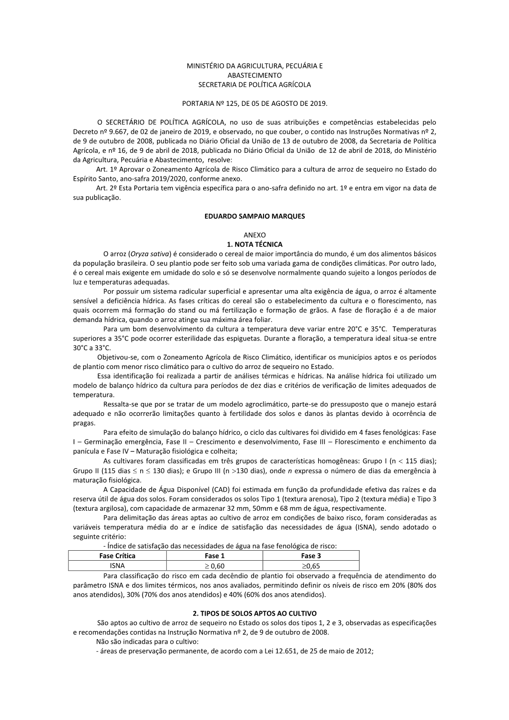 Ministério Da Agricultura, Pecuária E Abastecimento Secretaria De Política Agrícola