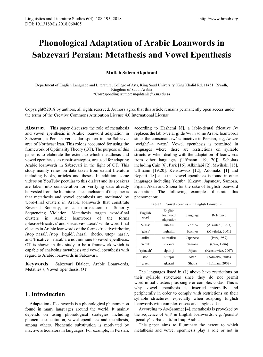 Phonological Adaptation of Arabic Loanwords in Sabzevari Persian: Metathesis and Vowel Epenthesis