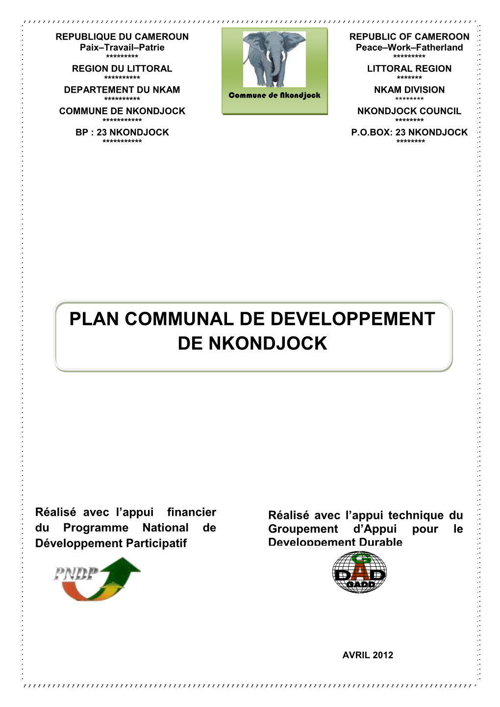 Plan Communal De Developpement De Nkondjock