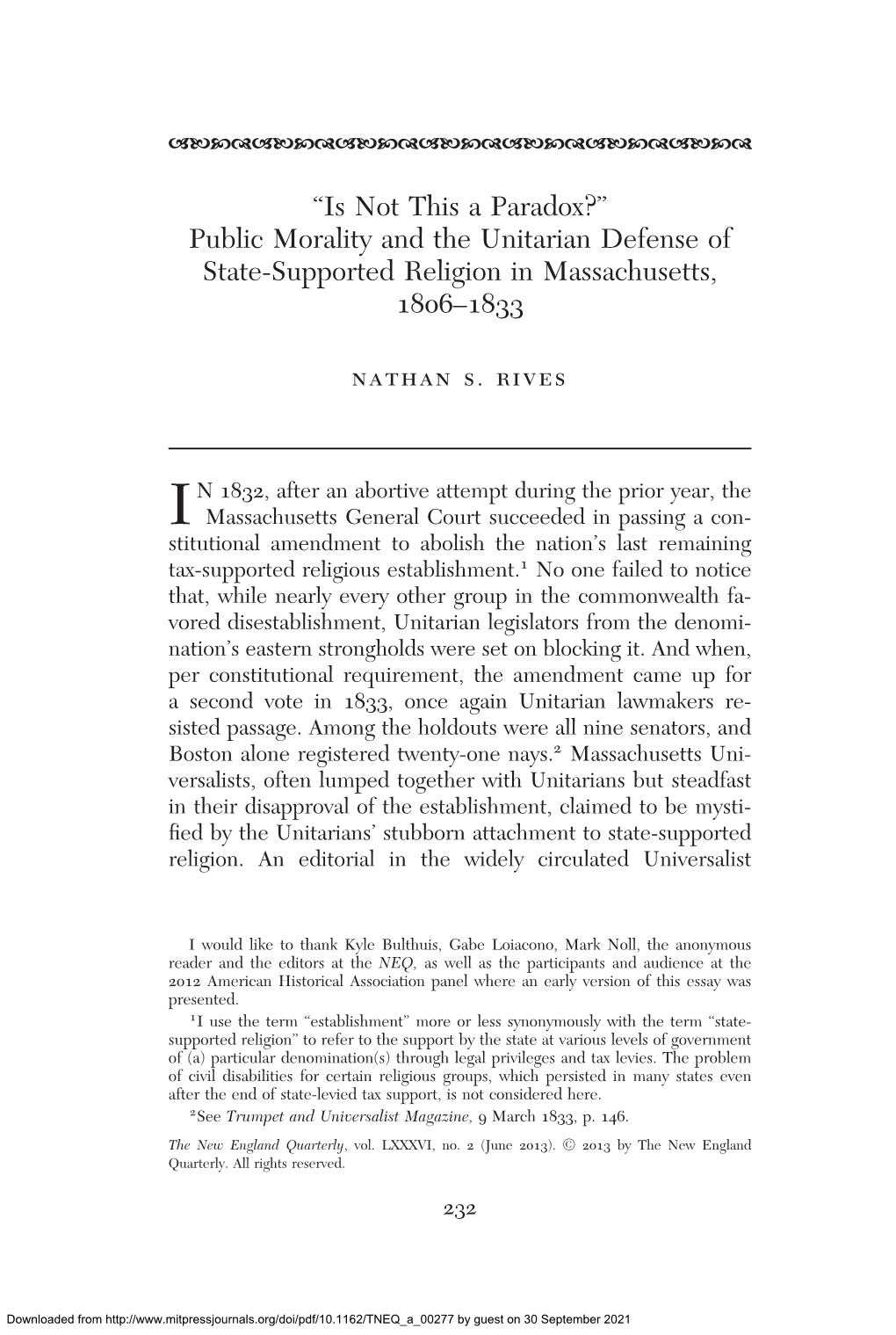 Public Morality and the Unitarian Defense of State-Supported Religion in Massachusetts, 1806–1833