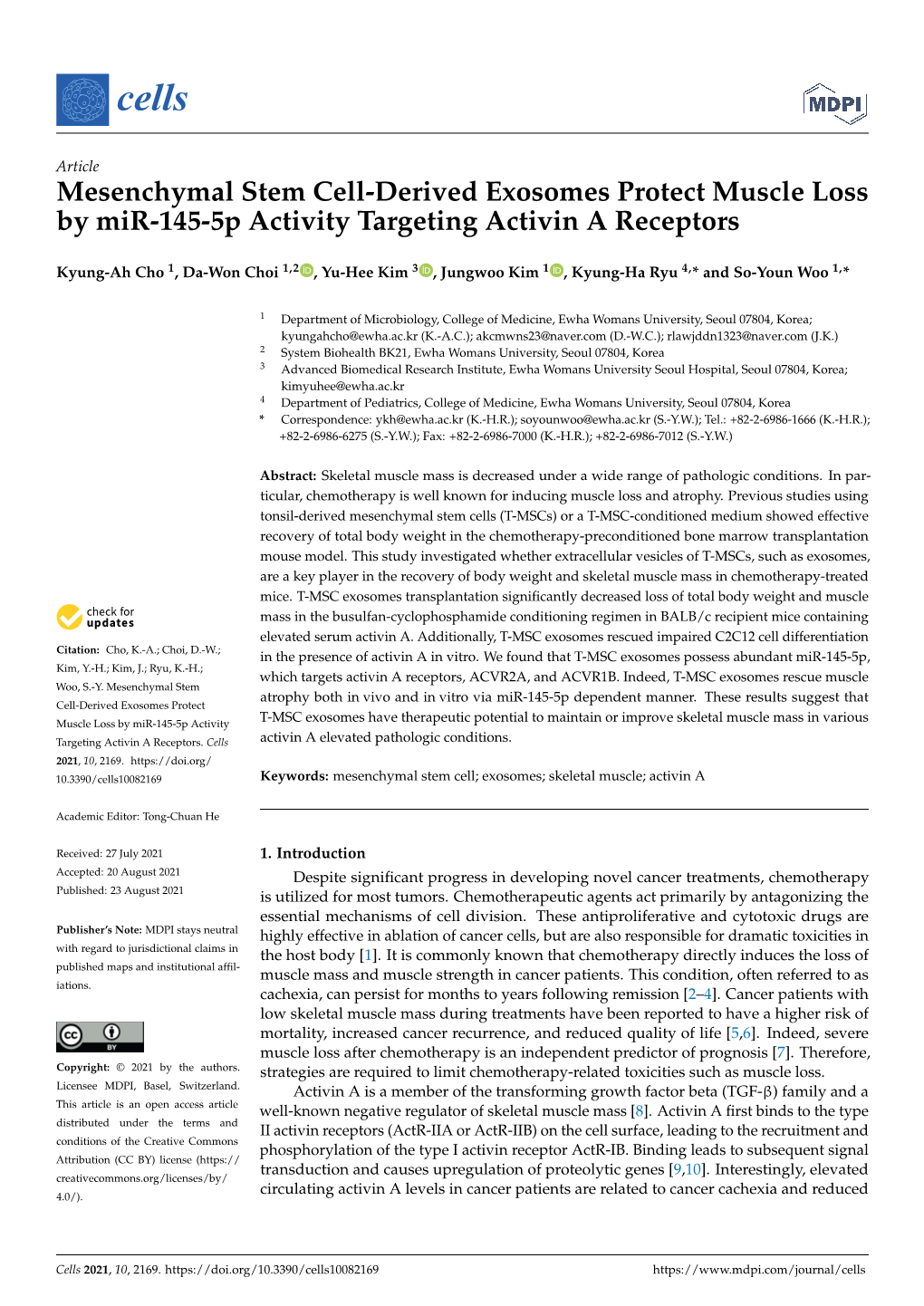 Mesenchymal Stem Cell-Derived Exosomes Protect Muscle Loss by Mir-145-5P Activity Targeting Activin a Receptors