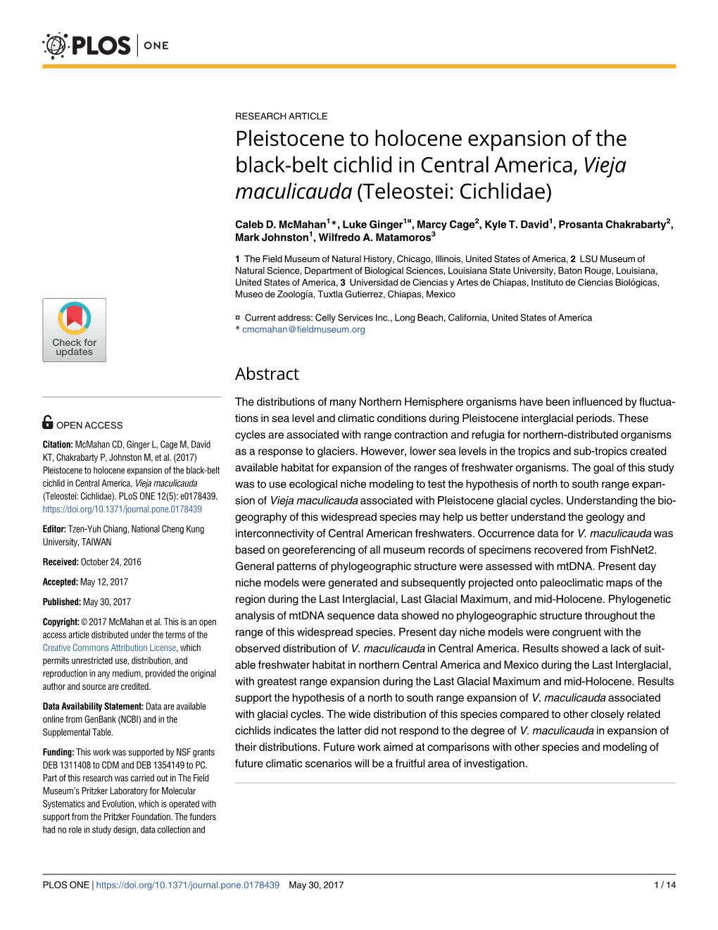 Pleistocene to Holocene Expansion of the Black-Belt Cichlid in Central America, Vieja Maculicauda (Teleostei: Cichlidae)