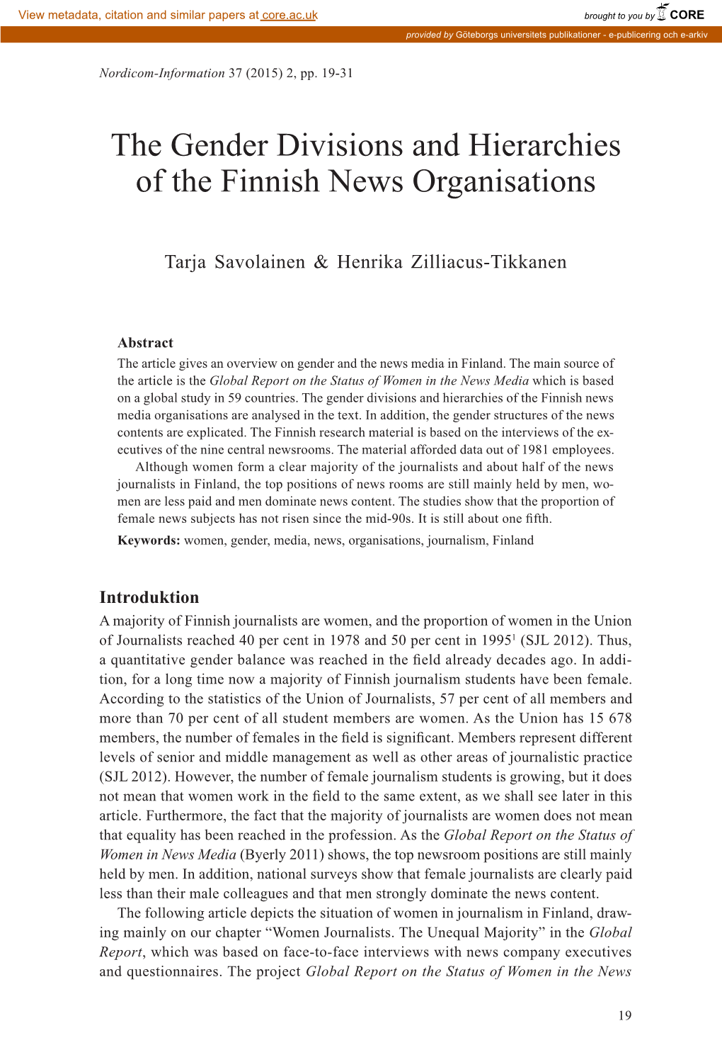 The Gender Divisions and Hierarchies of the Finnish News Organisations