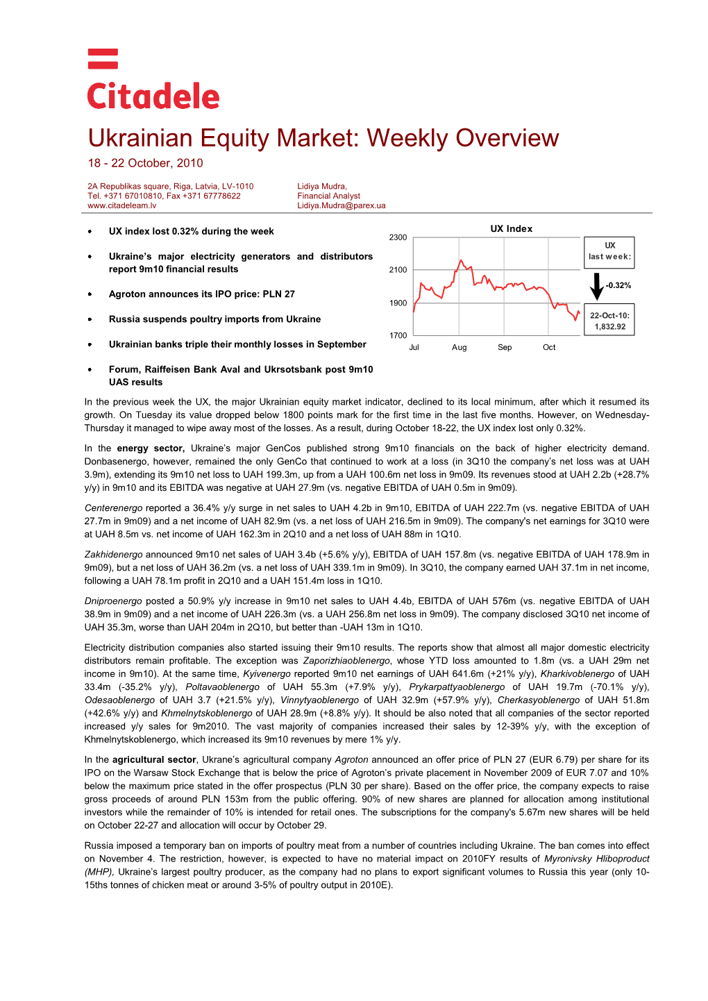 Ukrainian Equity Market: Weekly Overview 18 - 22 October, 2010