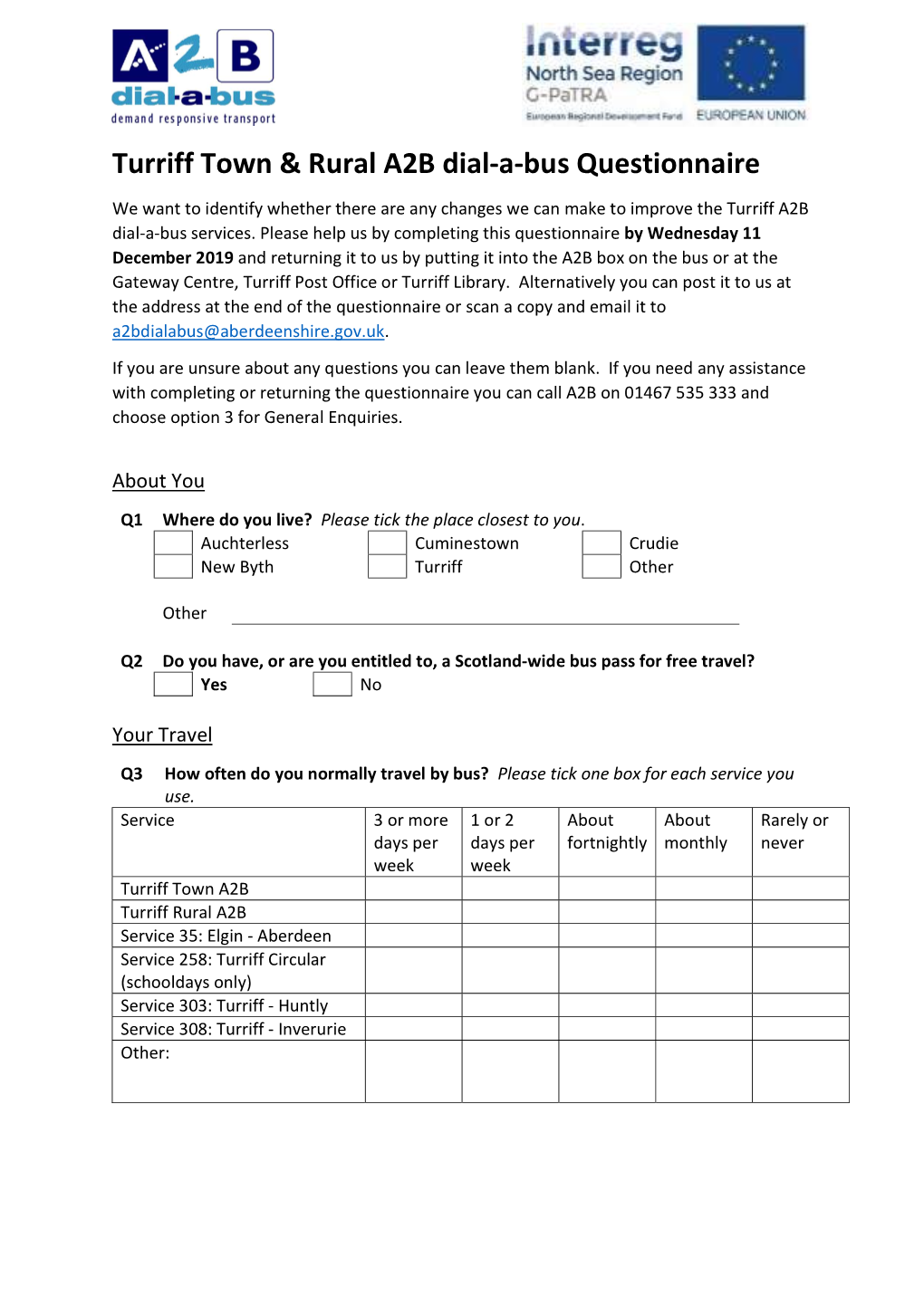 Turriff Town & Rural A2B Dial-A-Bus Questionnaire