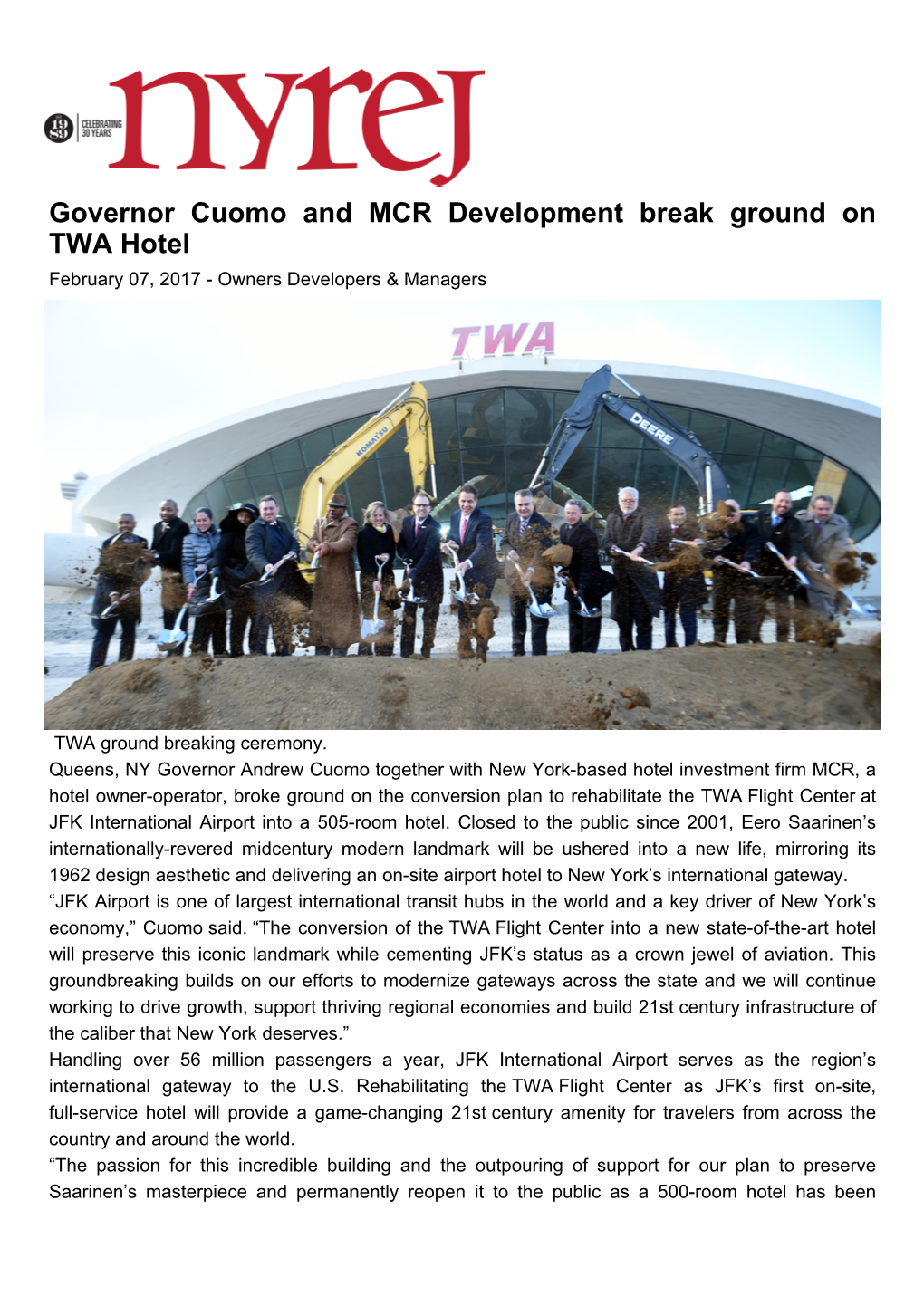 Governor Cuomo and MCR Development Break Ground on TWA Hotel February 07, 2017 - Owners Developers & Managers