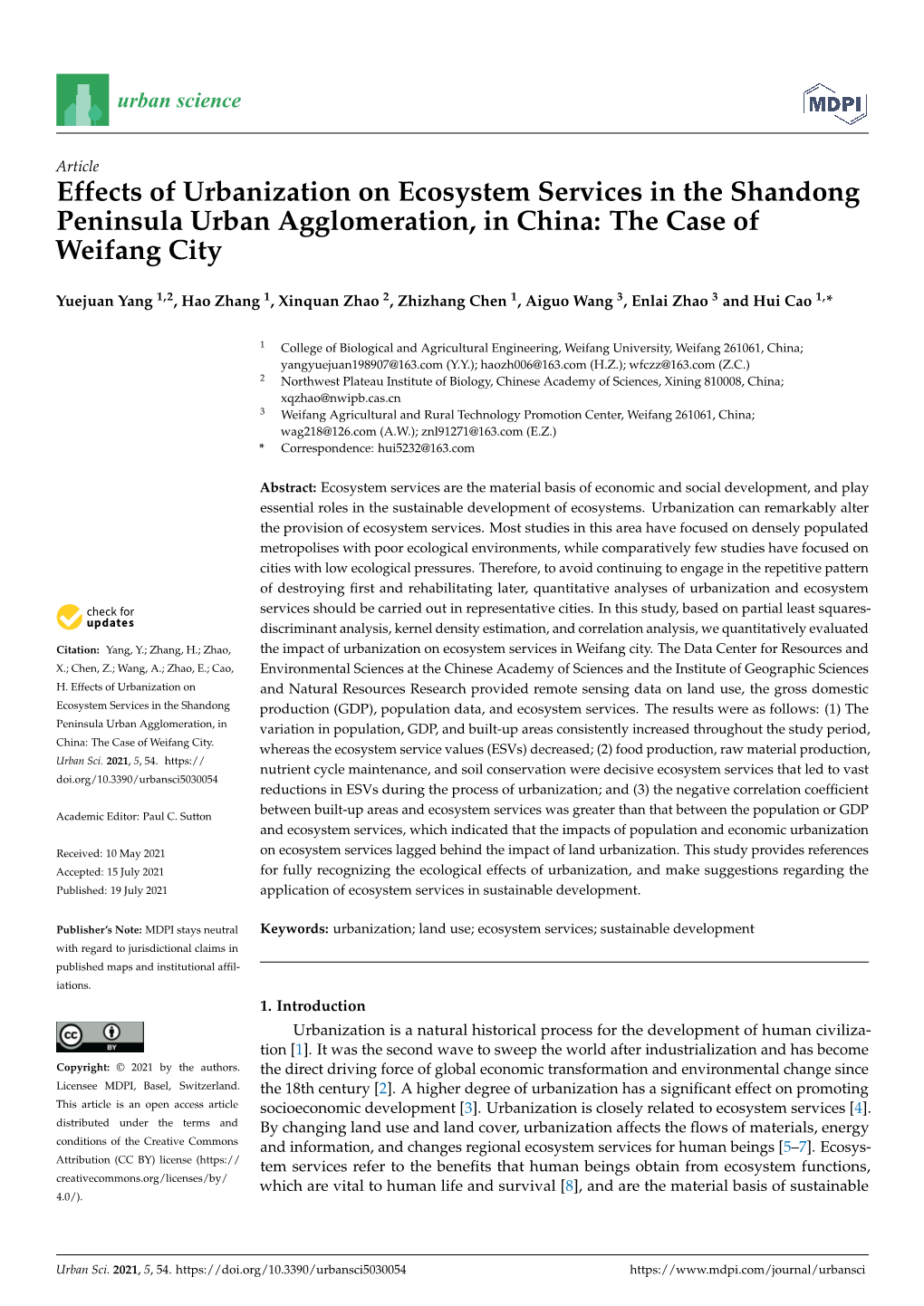 Effects of Urbanization on Ecosystem Services in the Shandong Peninsula Urban Agglomeration, in China: the Case of Weifang City