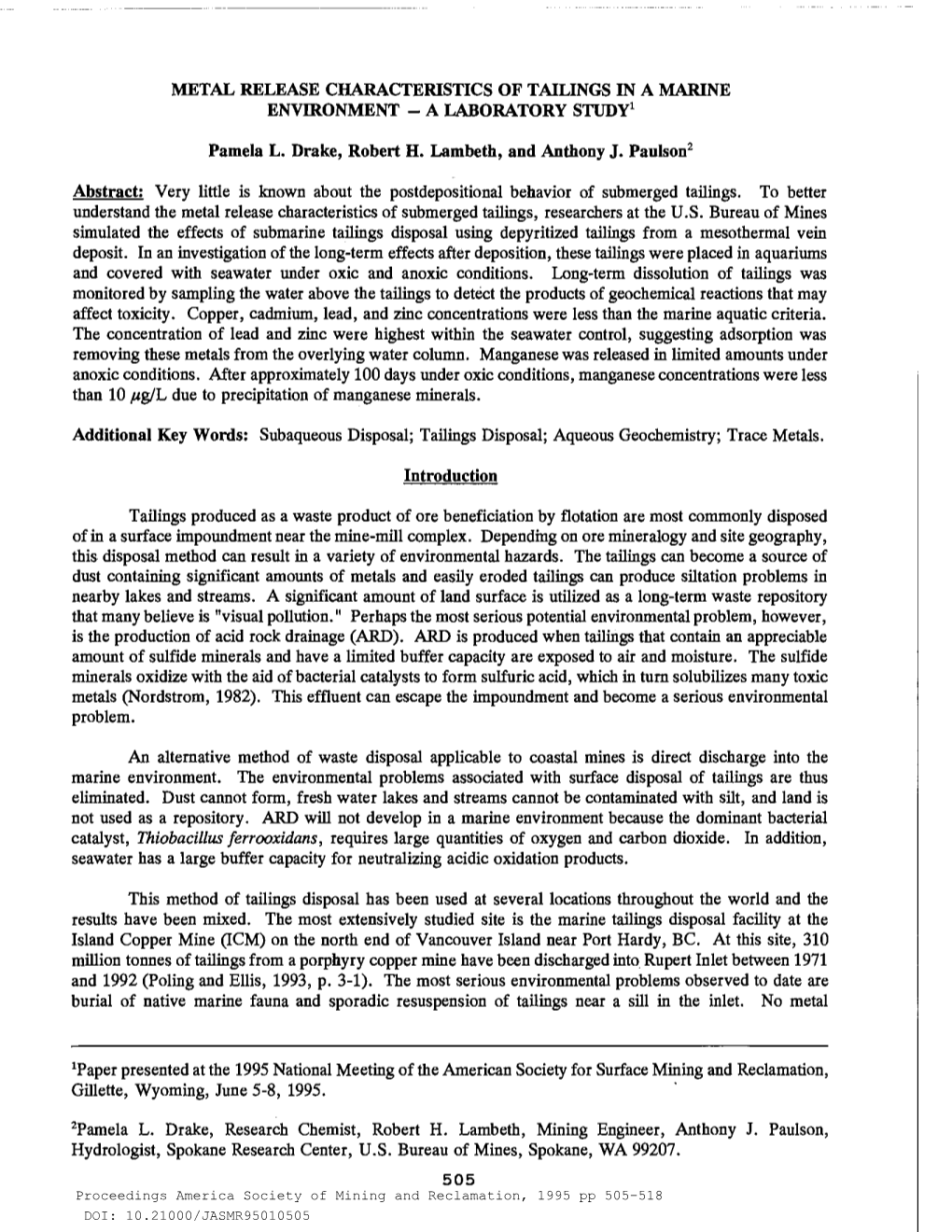 Metal Release Characteristics of Tailings in a Marine Environment - a Laboratory Study'