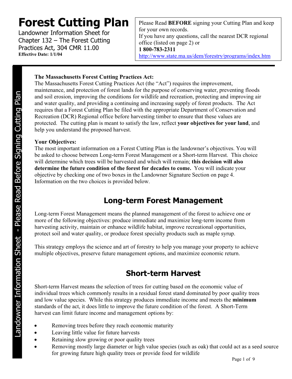 Forest Cutting Plan Information Sheet on Page One, Indicate Your Objective by Checking the Appropriate Box Below