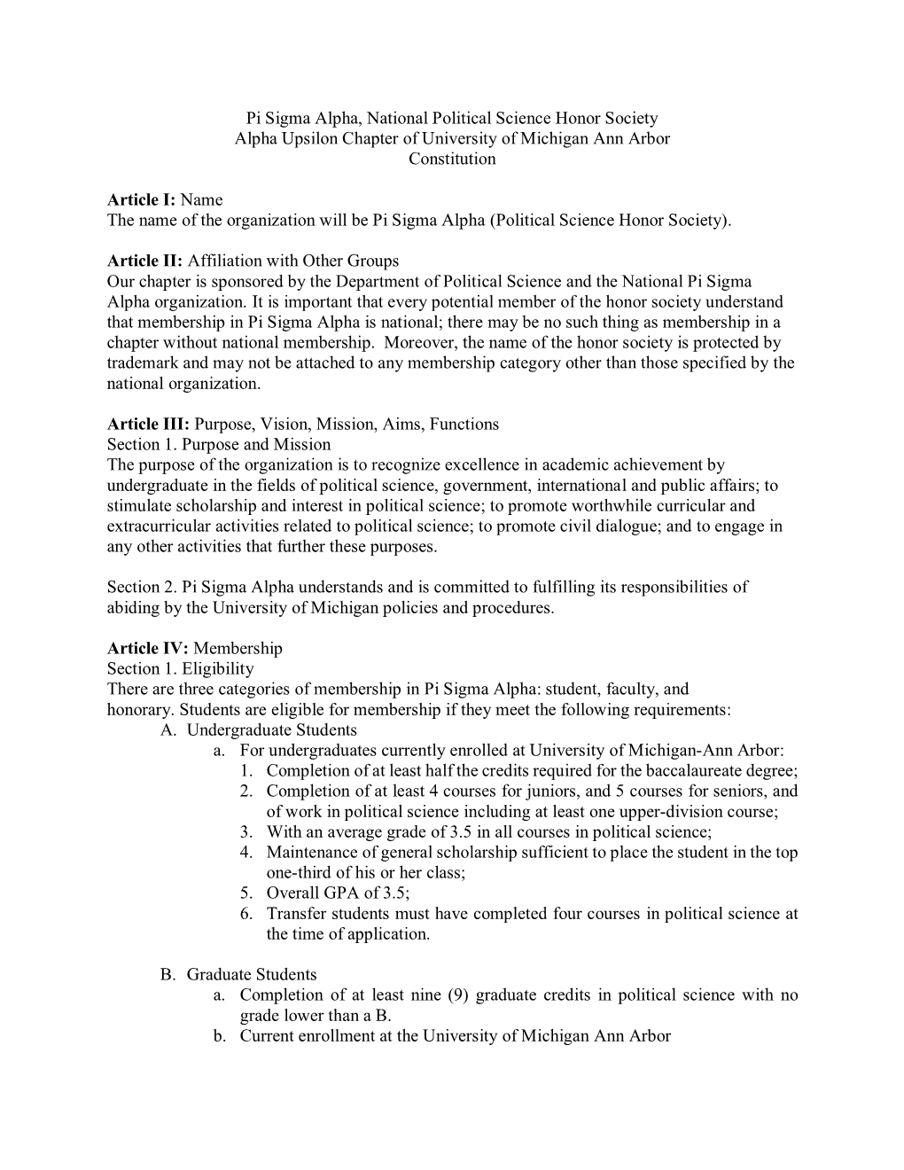 Pi Sigma Alpha, National Political Science Honor Society Alpha Upsilon Chapter of University of Michigan Ann Arbor Constitution