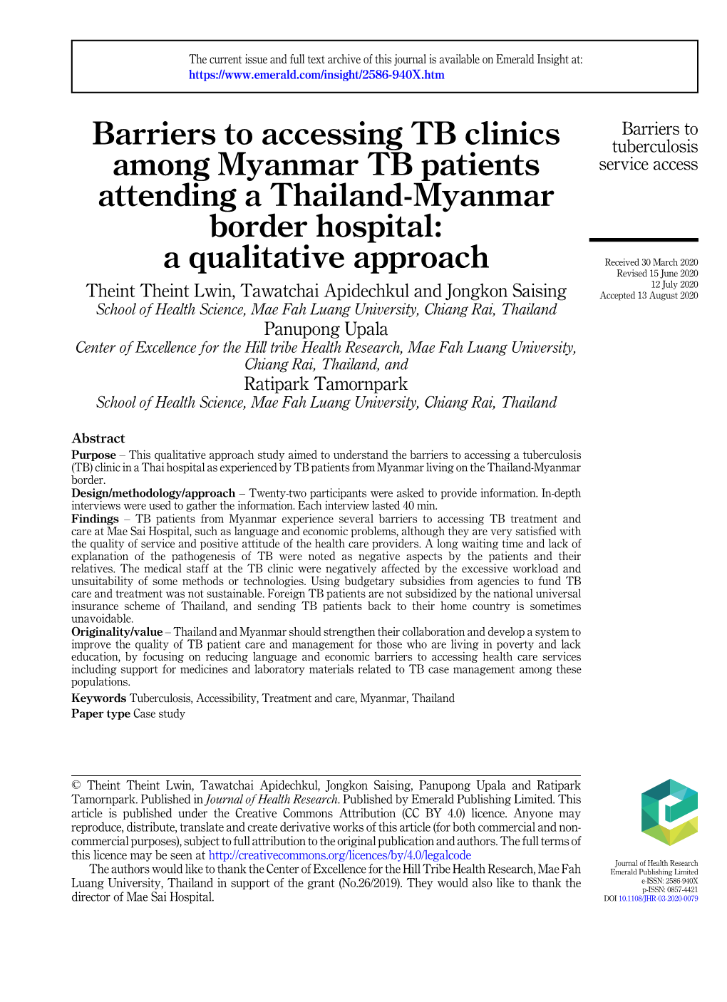 Barriers to Accessing TB Clinics Among Myanmar TB Patients