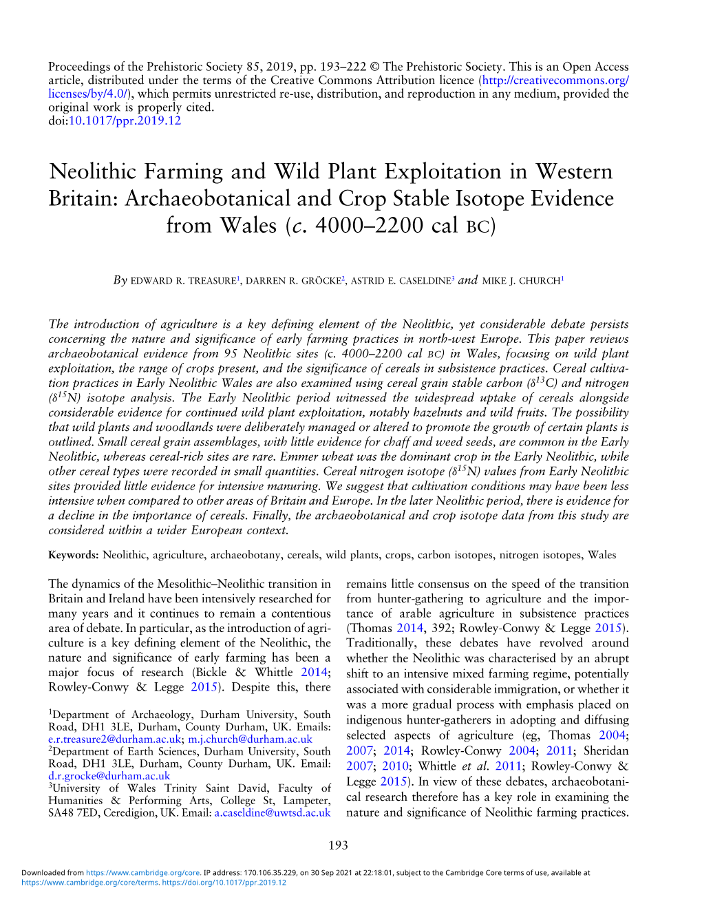 Neolithic Farming and Wild Plant Exploitation in Western Britain: Archaeobotanical and Crop Stable Isotope Evidence from Wales (C