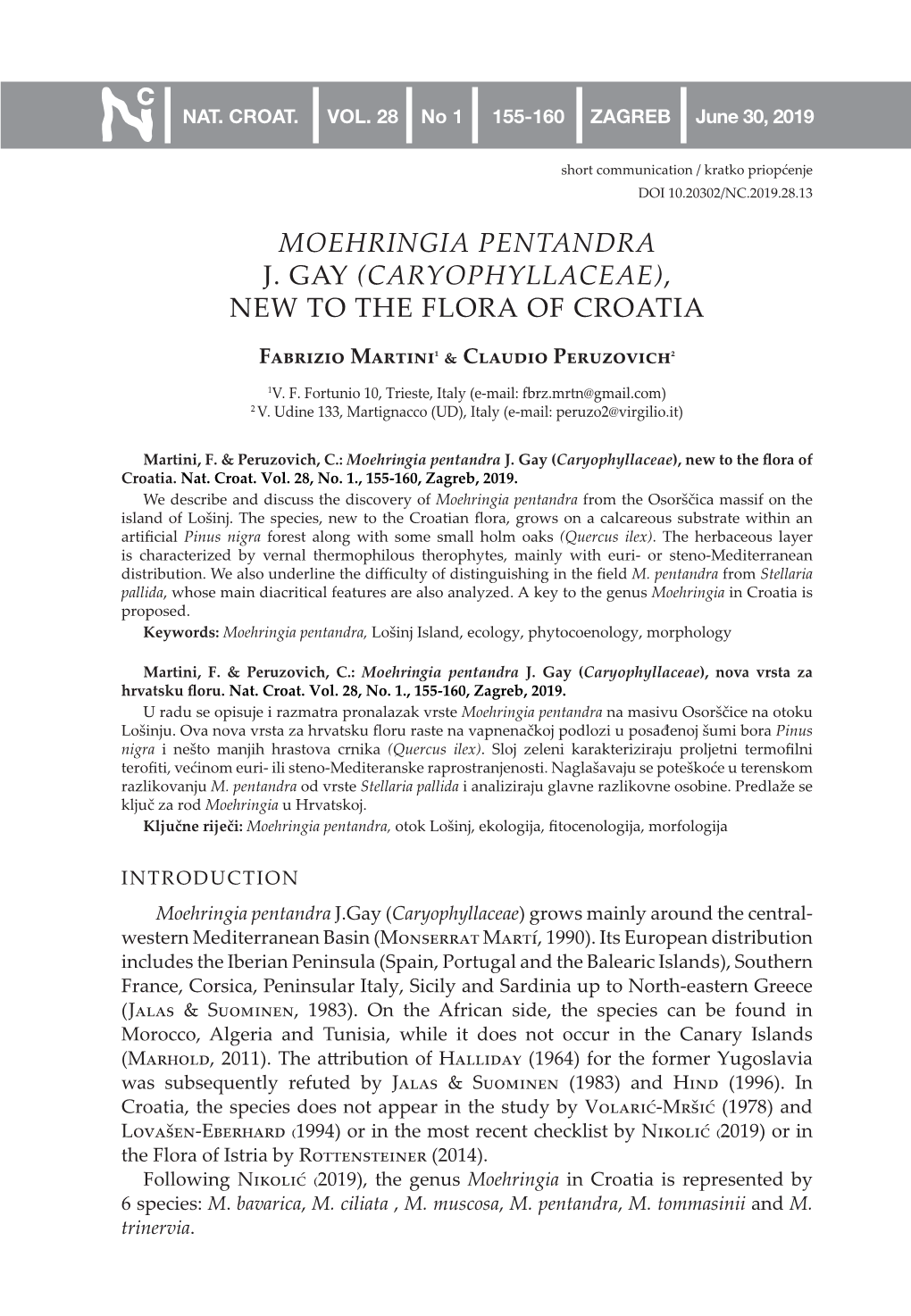 Moehringia Pentandra J. Gay (Caryophyllaceae), New to the Flora of Croatia