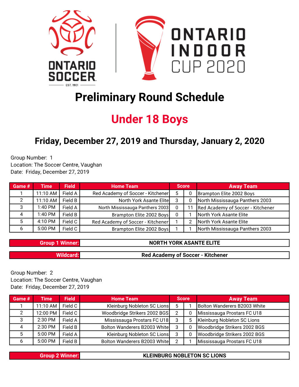 Preliminary Round Schedule Under 18 Boys