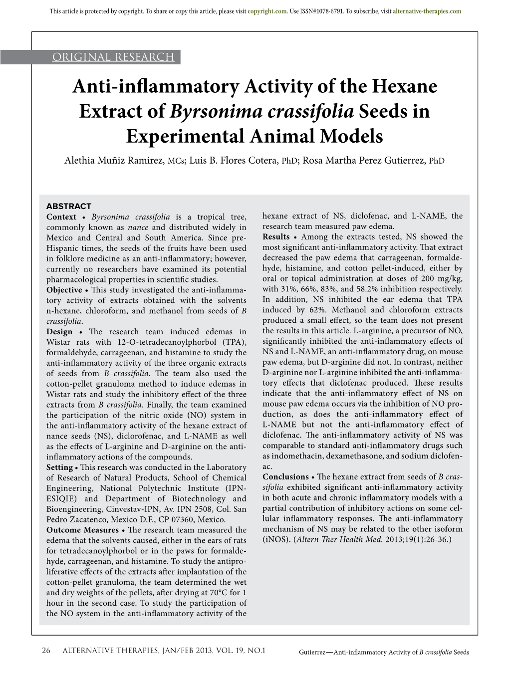 Anti-Inflammatory Activity of the Hexane Extract of Byrsonima Crassifolia Seeds in Experimental Animal Models Alethia Muñiz Ramirez, Mcs; Luis B