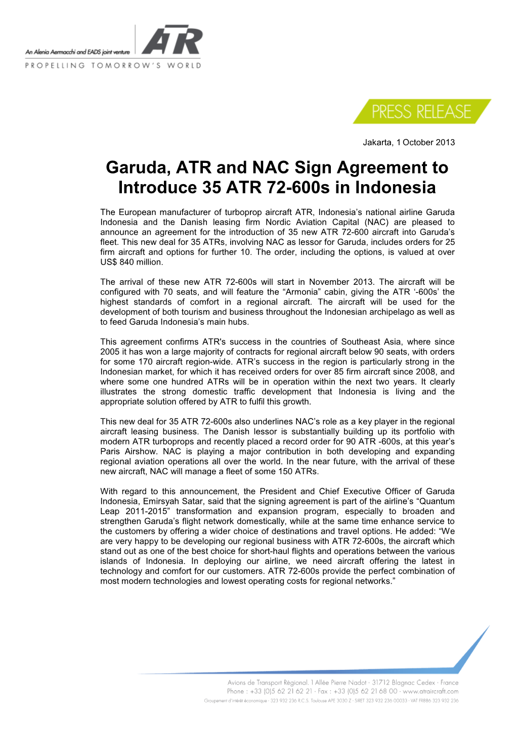 Garuda, ATR and NAC Sign Agreement to Introduce 35 ATR 72-600S in Indonesia