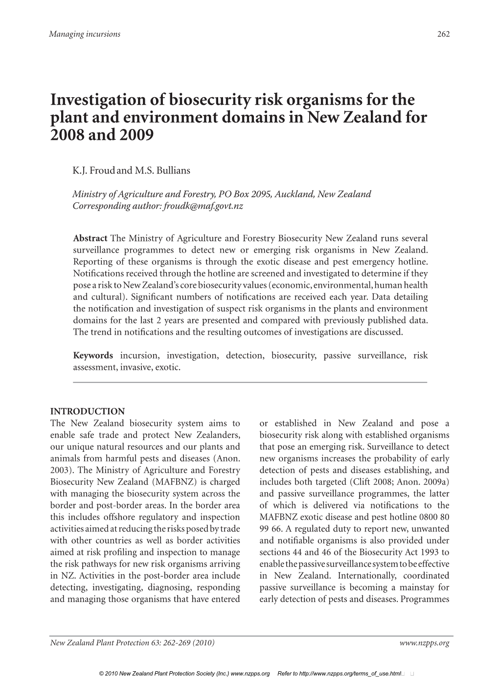 Investigation of Biosecurity Risk Organisms for the Plant and Environment Domains in New Zealand for 2008 and 2009