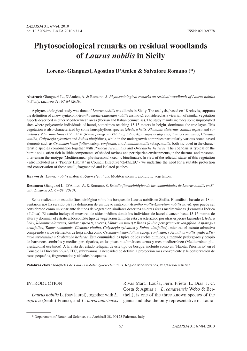 Phytosociological Remarks on Residual Woodlands of Laurus Nobilisin Sicily