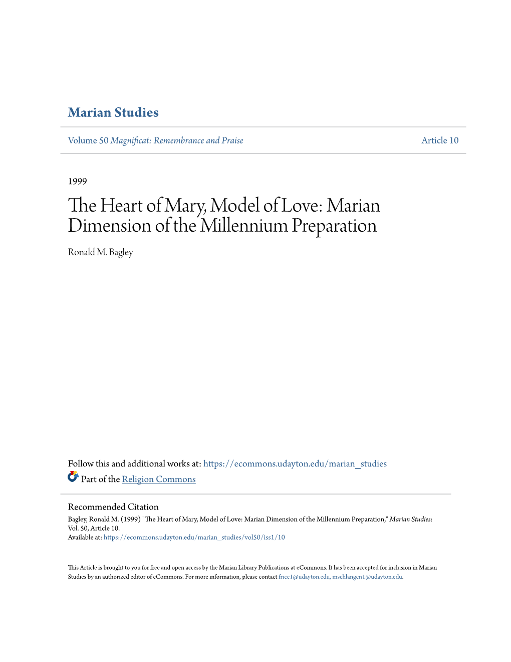 The Heart of Mary, Model of Love: Marian Dimension of the Millennrjm Preparation